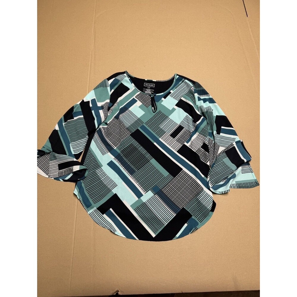 Van Heusen Women's Size Small 3/4 Sleeve Black White Real Green Top Blouse